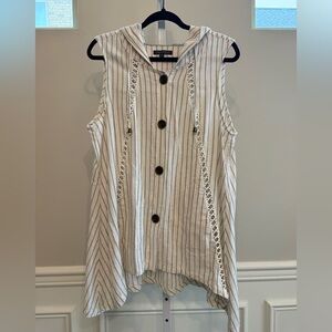 For Cynthia Hooded Vest Cream Gold Striped Button Front Size M